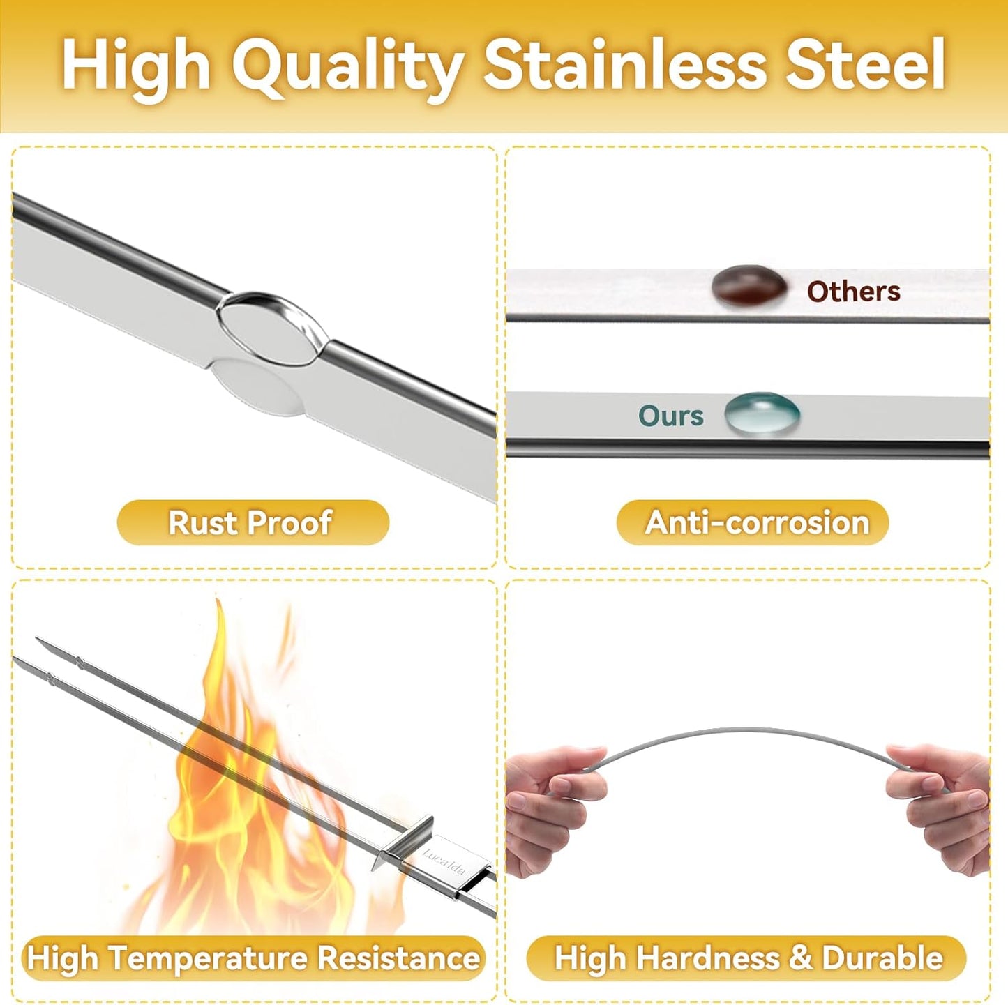 Skewers for Grilling, 17" (6 Pcs) Wooden Handle Double Pronged Stainless Steel Flat Kabob Skewers with Push Bar, Reusable Long Metal Skewer Sticks for Meat Chicken Vegetable, BBQ Accessories