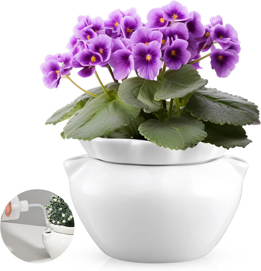 1 Set 7.5 Inches African Violet Pots Self Watering White Ceramic Pot for Indoor Plants, Flowerpot with Highly Absorbent Inner Pot for Busy Plant Lovers, Plant Care