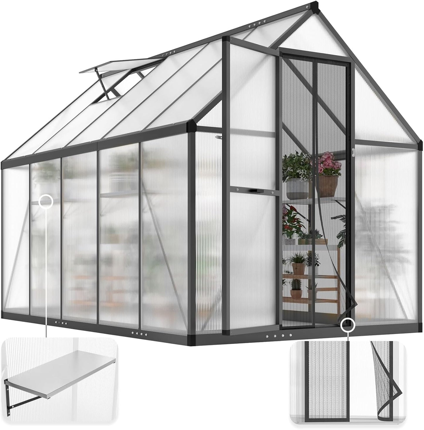 KING BIRD Greenhouse for Outdoors, 9.2x6 FT Polycarbonate Walk-in Green House, Quick-Setup Aluminum Frame UV Resistant Panel for Outside Garden Backyard W/ Lockable Screen Door, Vent, 2 Shelves, Black