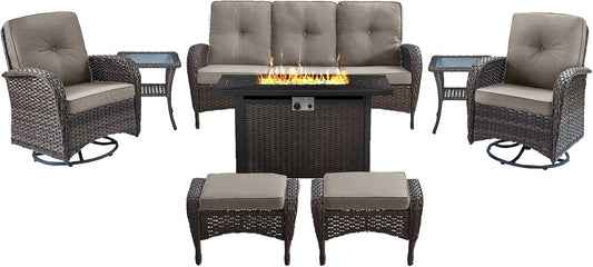 8 Piece Patio Furniture Set with 50000 BTU Propane Fire Pit Table, Outdoor Conversation Set with 2 Swivel Rocker Chairs Wicker Sofa and Ottomans for Casual Gatherings Grey
