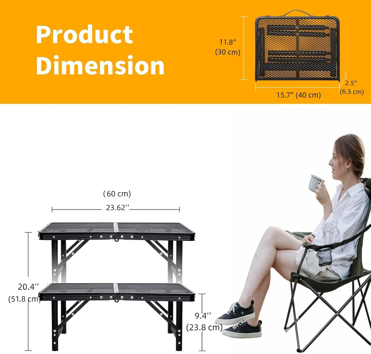 Small Folding Table 2FT Grill Table Foldable Camping Table Picnic Portable Mesh 2 Height Adjustable Outdoor Beach BBQ Black 23.6×15.7 inch