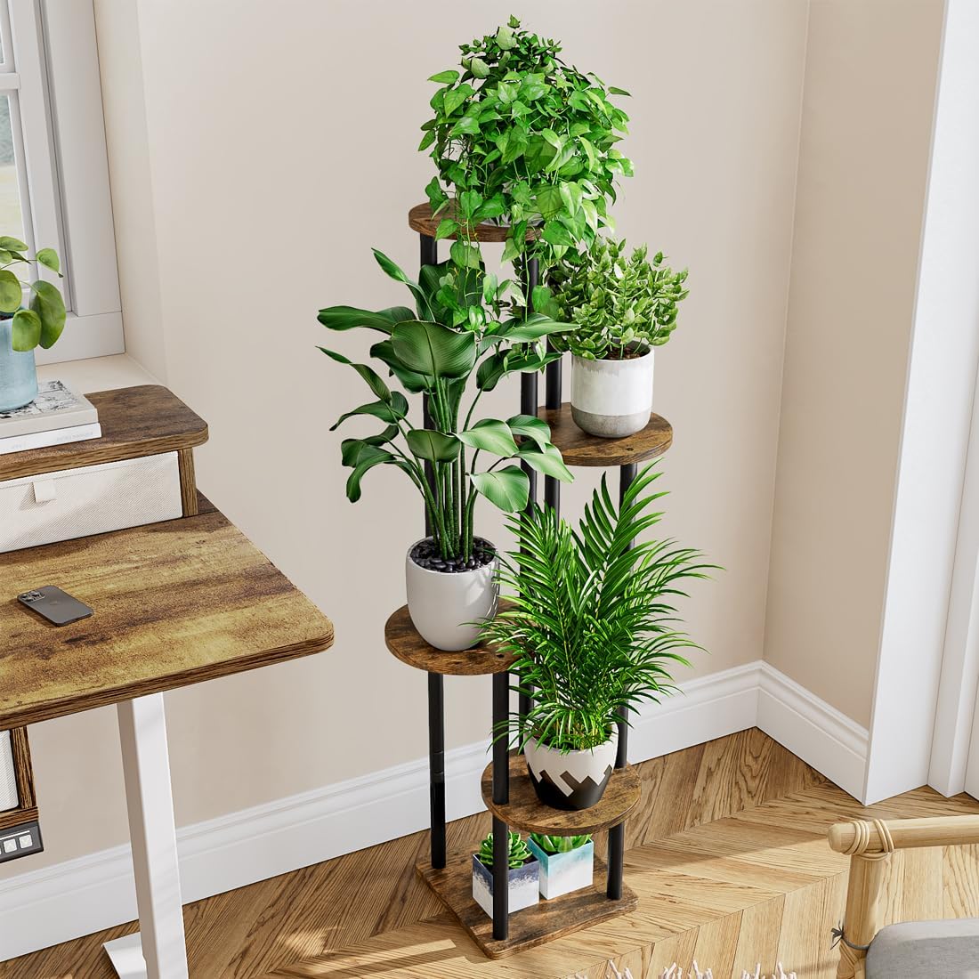 AZERPIAN Plant Stand Indoor 5 Tier Metal Plant Shelf for Multiple Plants Corner Tall Flower Holders for Living Room Balcony Bedroom Patio Garden (Black, 5 Tier)