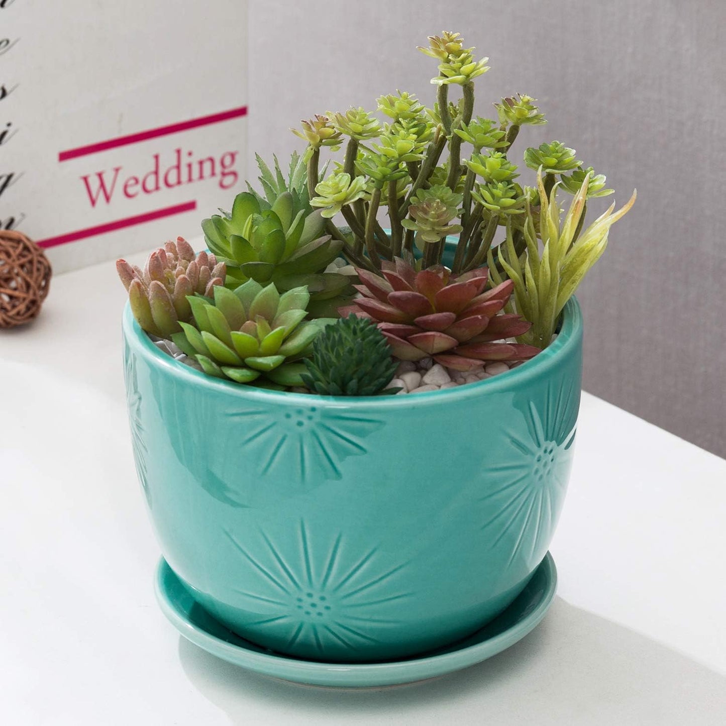 MyGift 7 Inch Round Turquoise Ceramic Plant Pot with Drainage Hole and Attached Saucer, Modern Decorative Embossed Sunburst Planter Container for Indoor Home Garden