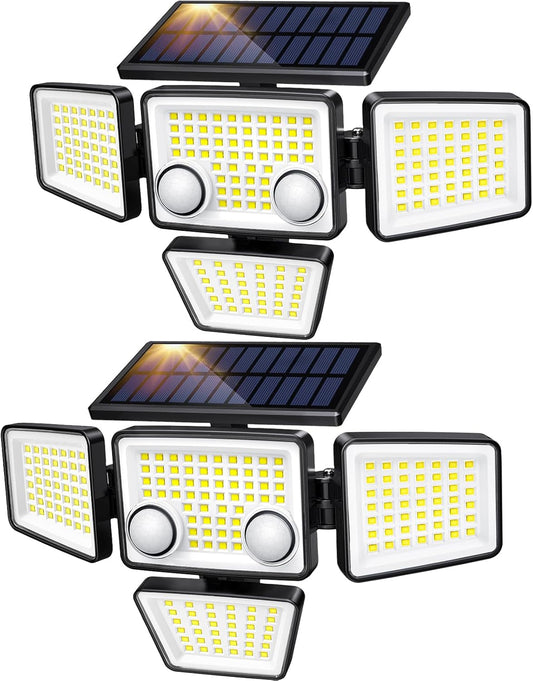 Solar Outdoor Lights - 3000LM 188 LED Motion Sensor Outdoor Lights, 4 Heads Security Light,IP65 Waterproof, Easy Install,270°Wide Angle Flood Wall Light with 3 Modes for Backyard Yard (2 Pack)