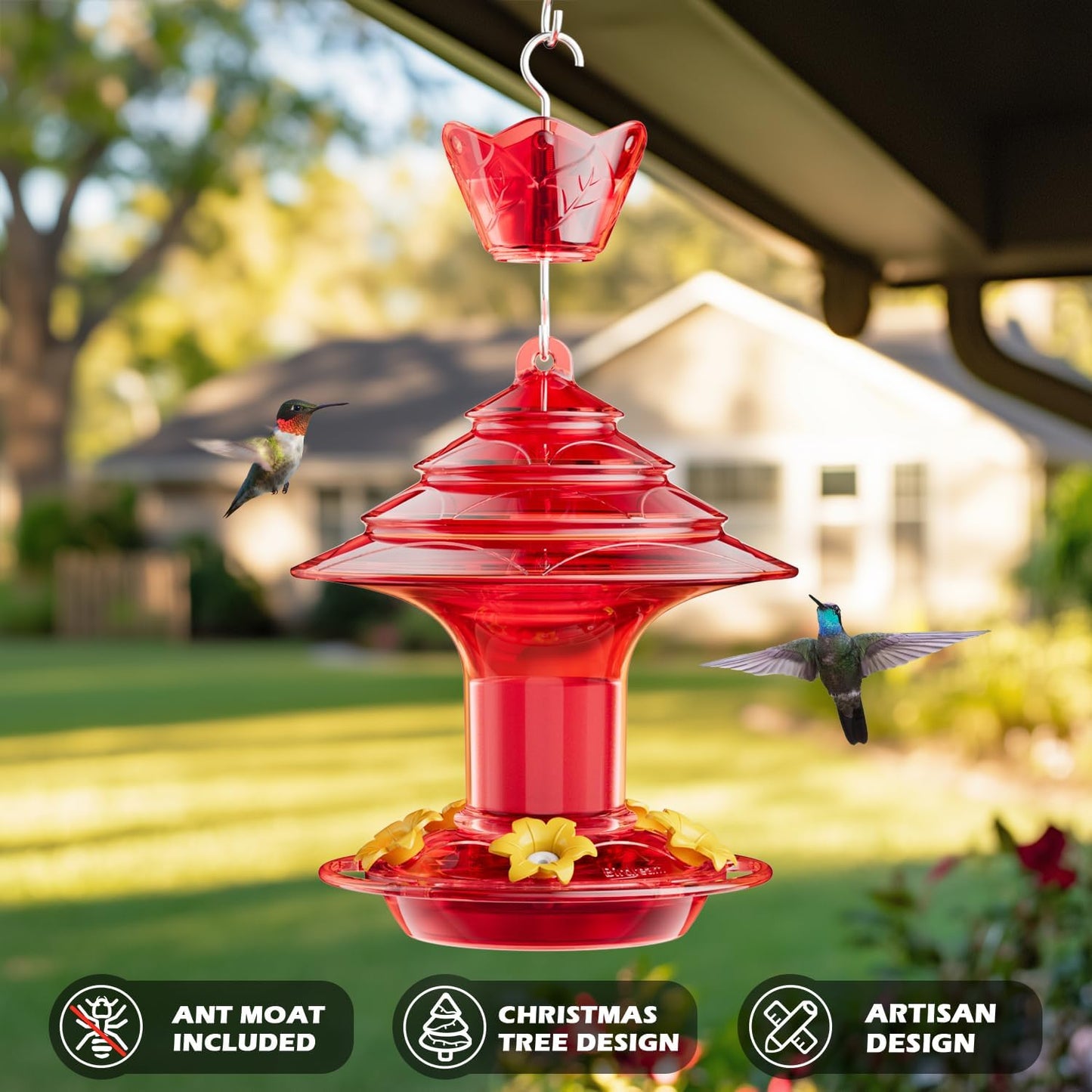 Birdream Hummingbird Feeder for Outdoors Hanging, 20oz Hummingbird Feeders with 5 Bee Guard Feeding Ports & Built-in Ant Moat Brush Leak-Proof for Outside Gifts for Women - Solid Red