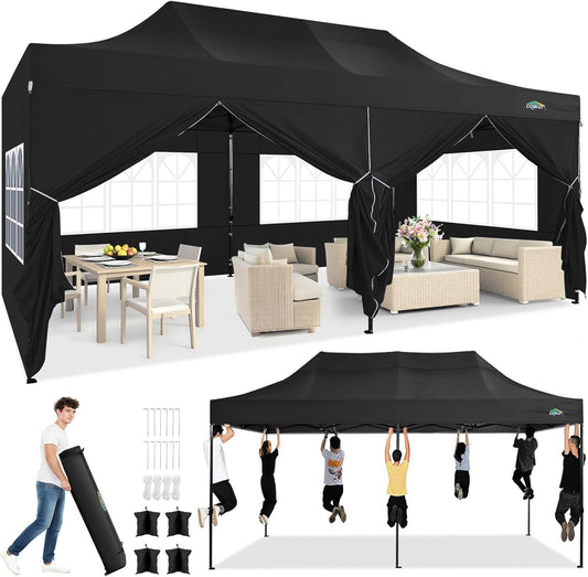 COBIZI 10x20 Pop up Canopy Tent Heavy Duty with 6 Sidewalls, Easy Set-up Commercial Outdoor Party Tent, 100% Waterproof Wedding Tent Gazebo, 3 Height Adjustable with Wheeled Bag, Black