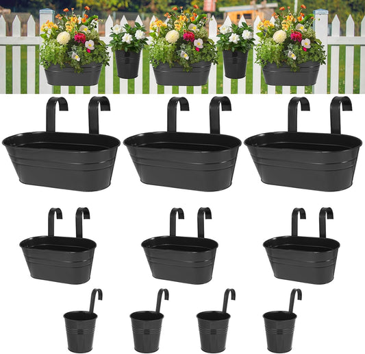 3 Different Size Metal Iron Hanging Flower Pots 10 Pcs for Outdoor Plants Metal Hanging Bucket Pots Iron Railing Fence Planter with Drainage Holes and Hooks for Porch Railing Balcony Fence (Black)