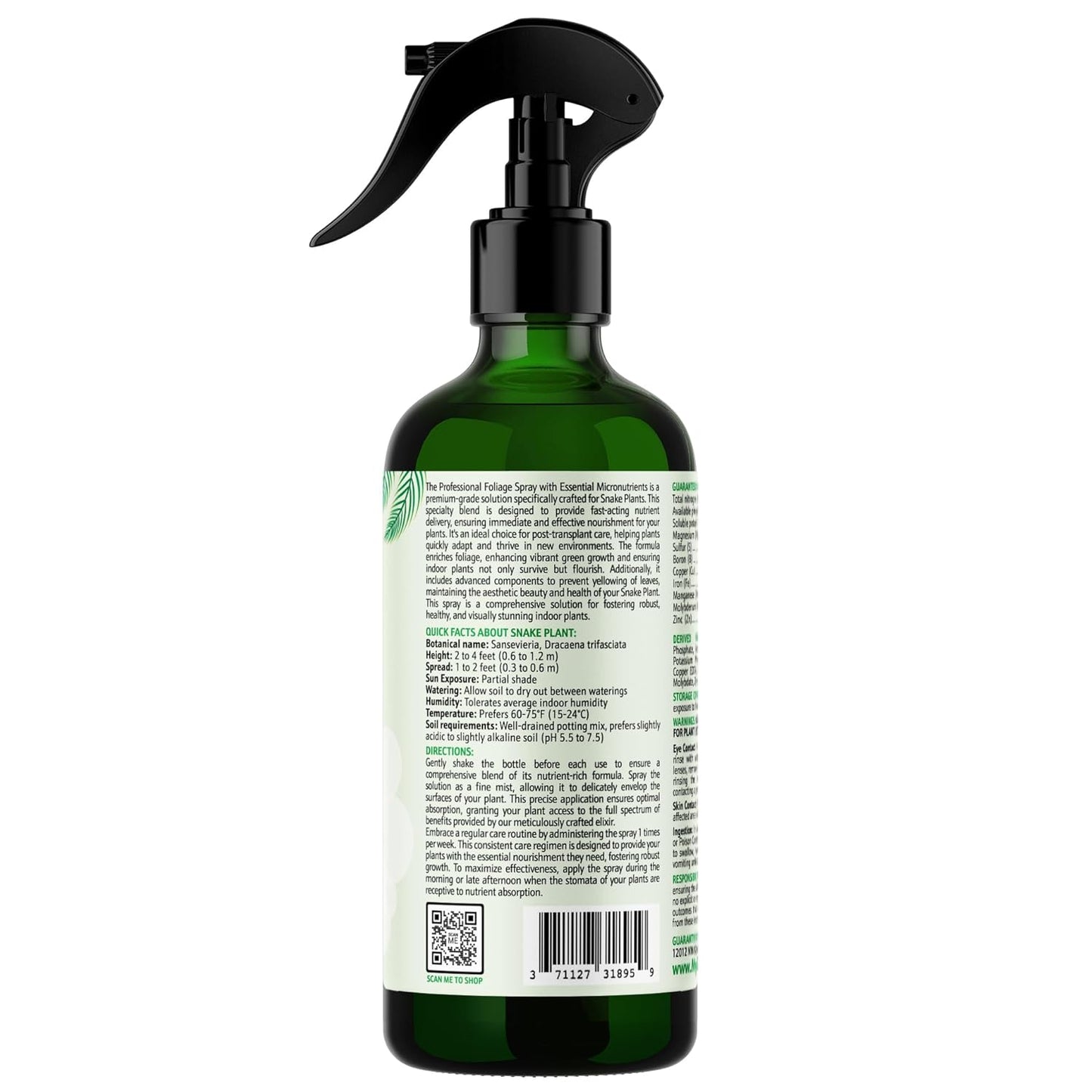 Professional Foliar Plant Spray with Essential Micronutrients 3-1-2 for Snake Plants, Dracaena trifasciata, Sansevieria - Liquid Fertilizer - Plant Food - Plant Shine - Plant Care (16 OZ)