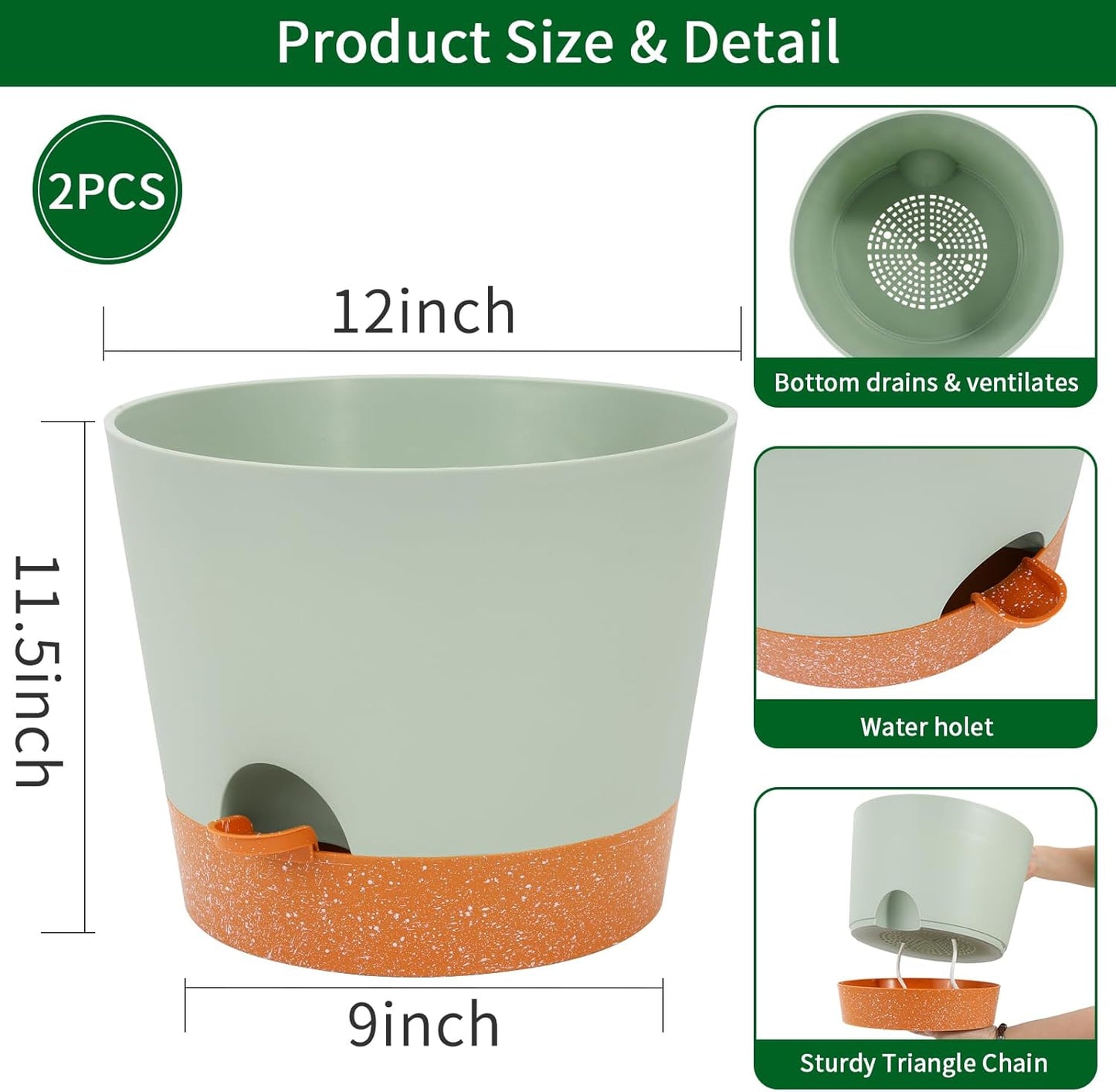 GARDIFE 12 inch Plant Pots, planters, Self Watering Pots, 2 Pack Large Plastic Flower pots with Deep Reservior and High Drainage Holes for Indoor Outdoor Plants and Flowers, Green