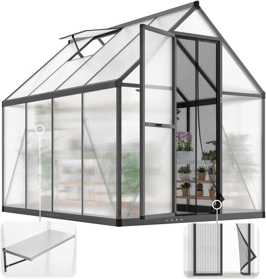 KING BIRD Greenhouse for Outdoors, 7.4x6 FT Polycarbonate Walk-in Green House, Quick-Setup Aluminum Frame UV Resistant Panel for Outside Garden Backyard W/ Lockable Screen Door, Vent, 2 Shelves, Black