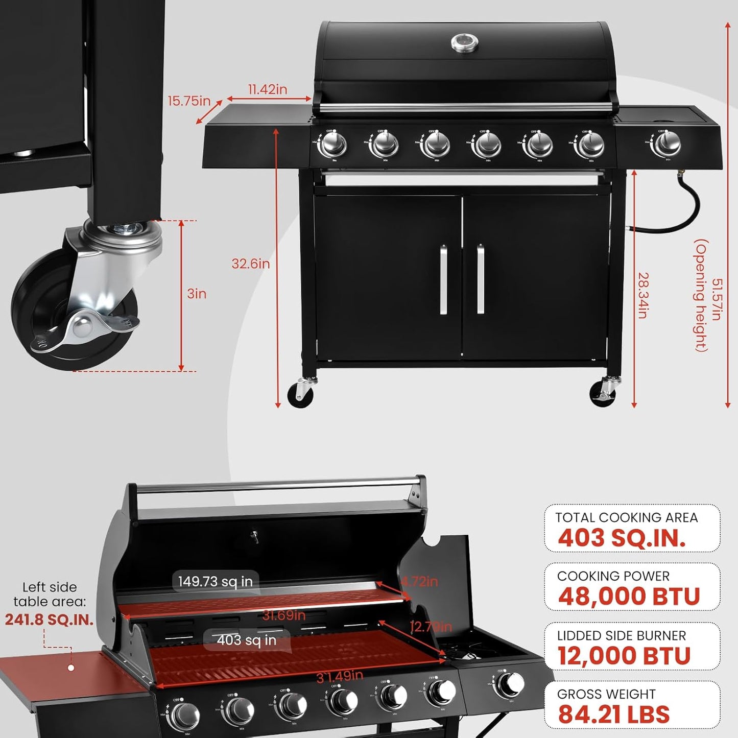 Q032-6-Burner w/Side Burner Gas Grill with 403 SQ.IN. Outdoor Grill with 60,000 BTU,Propane Grills with Top Cover Lid,Grills Outdoor Cooking for Patios,Balcony,Camping,Garden