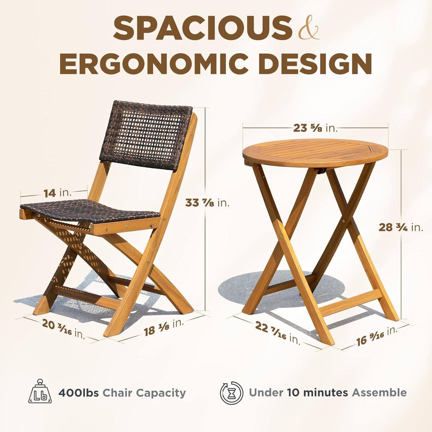 IDZO Wood Wicker Design Heavy Duty 400lbs Capacity Premium Patio Bistro Set 3 Piece Outdoor