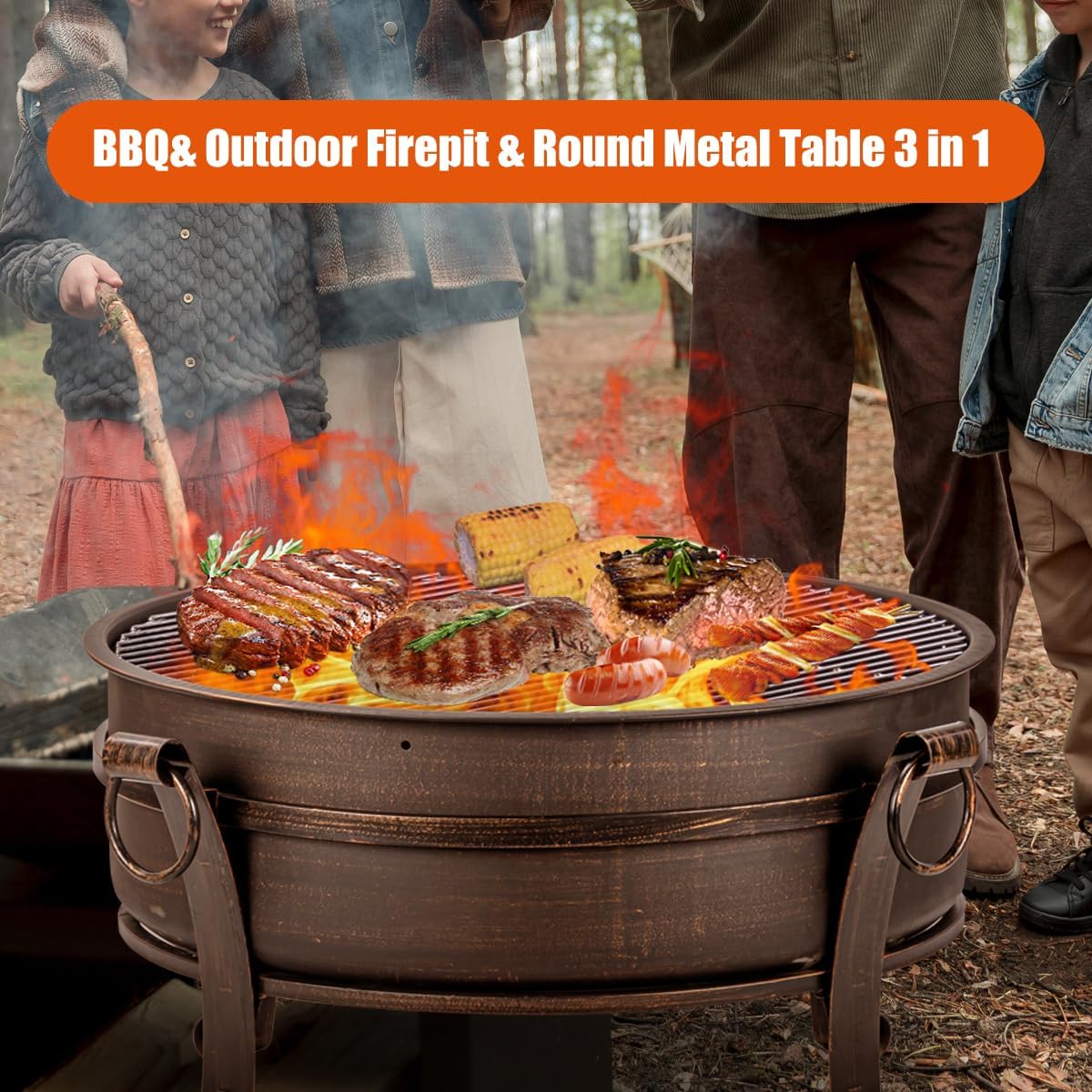 36 Inch Fire Pit with Grill & Lid, Fireplace & Round Table & BBQ 3 in 1 Fire Pit,Heavy Duty Wood Burning Fire Pits for Outside with Fire Poker, Waterproof Cover & Log Grate