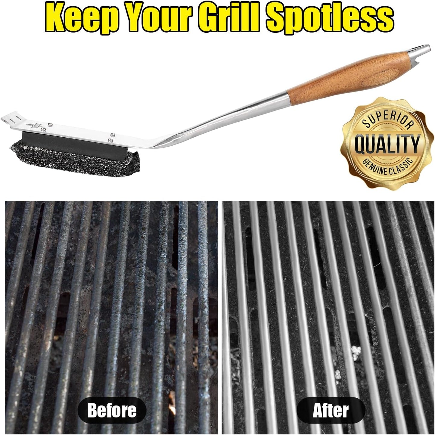 Grill Brush Bristle Free,Unique Steel Fibers Pad [Safe & Efficient] Perfect for Cast Iron/Stainless-Steel Grates - with 1 Replaceable Cleaning Head - Safe Grill Cleaner for Outdoor Grill