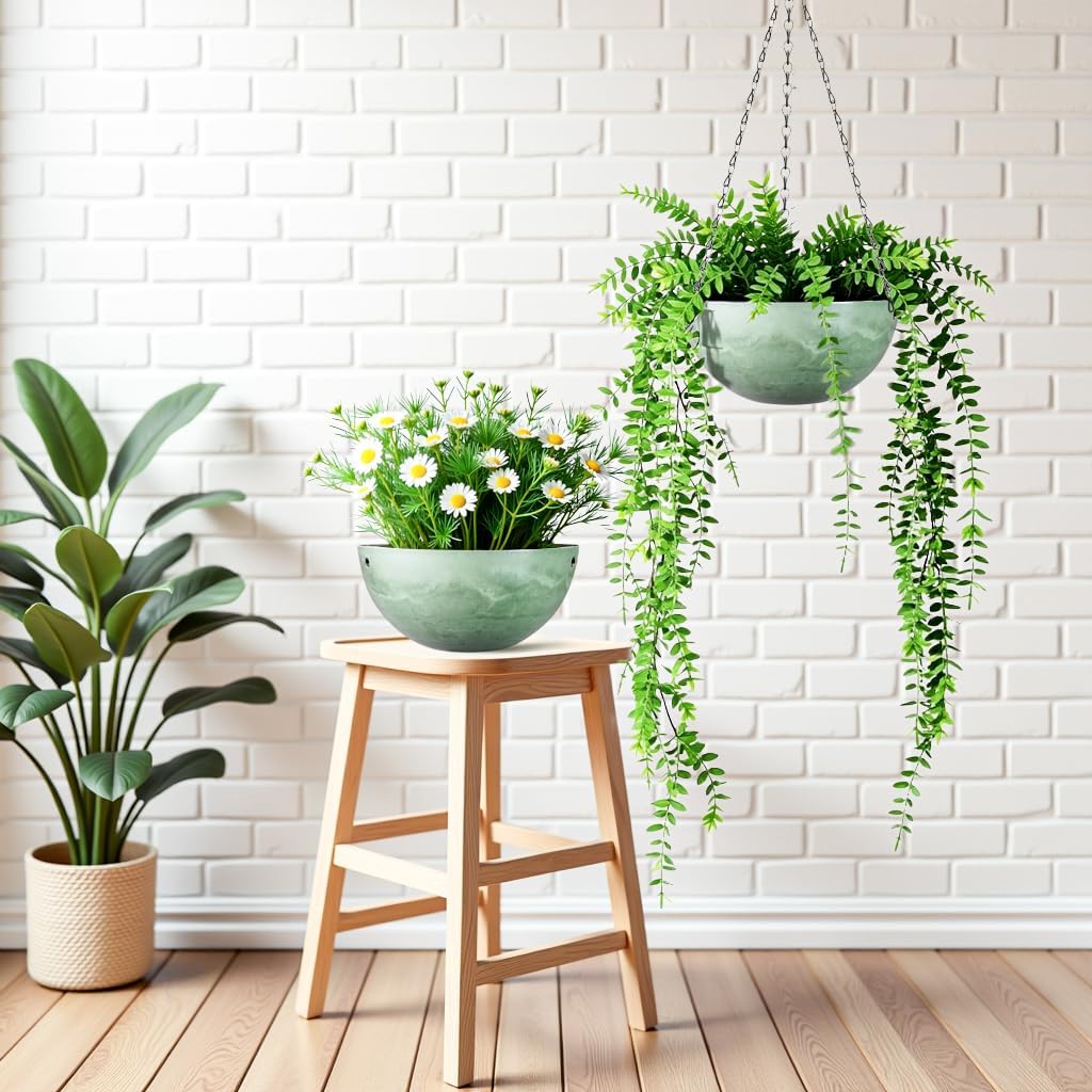 Marble Pattern 10 Inch Hanging Planter for Indoor Outdoor Plants, 2 Pack Hanging Planter Basket for Garden Home Decor Use (Green)