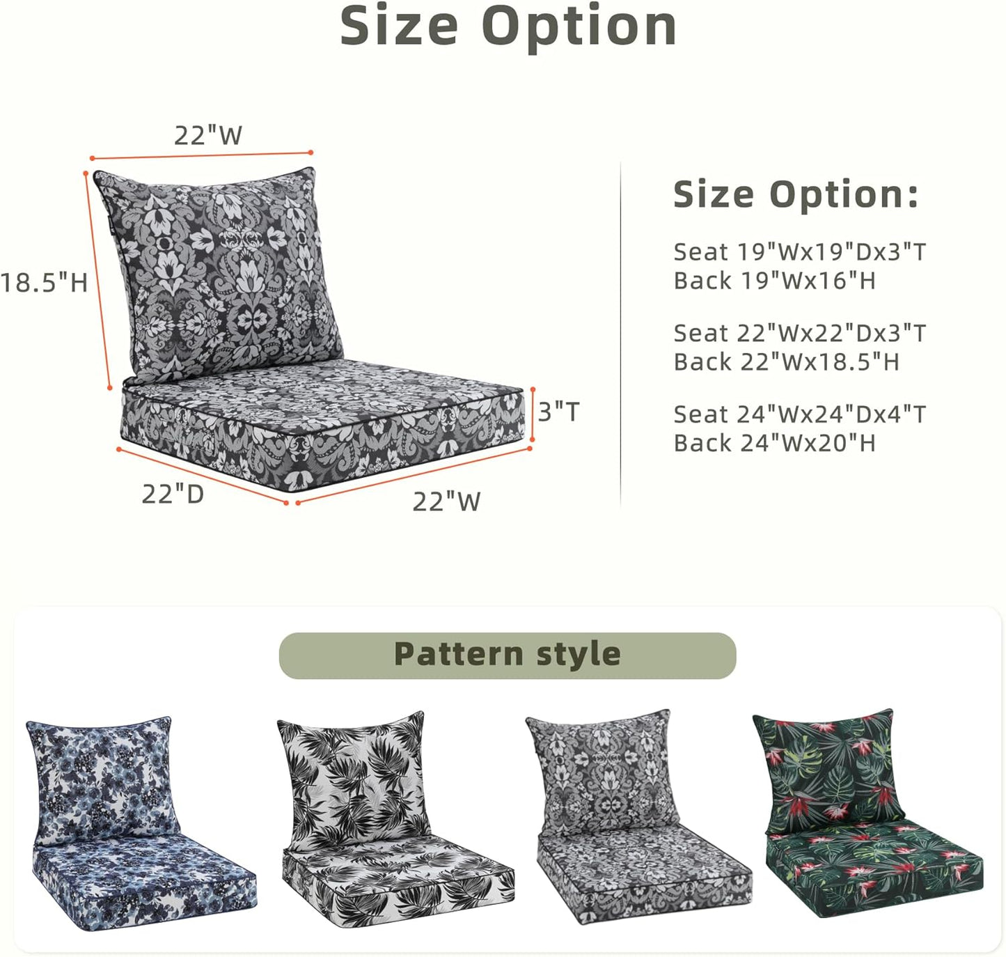 Favoyard Outdoor Seat Cushion 22 x 22 x 3 in Waterproof Pattern Fade Resistant Cover Removable Patio Furniture Cushions Deep Seat & Back Cushion Set with Adjustable Straps for Patio Chair Sofa Couch