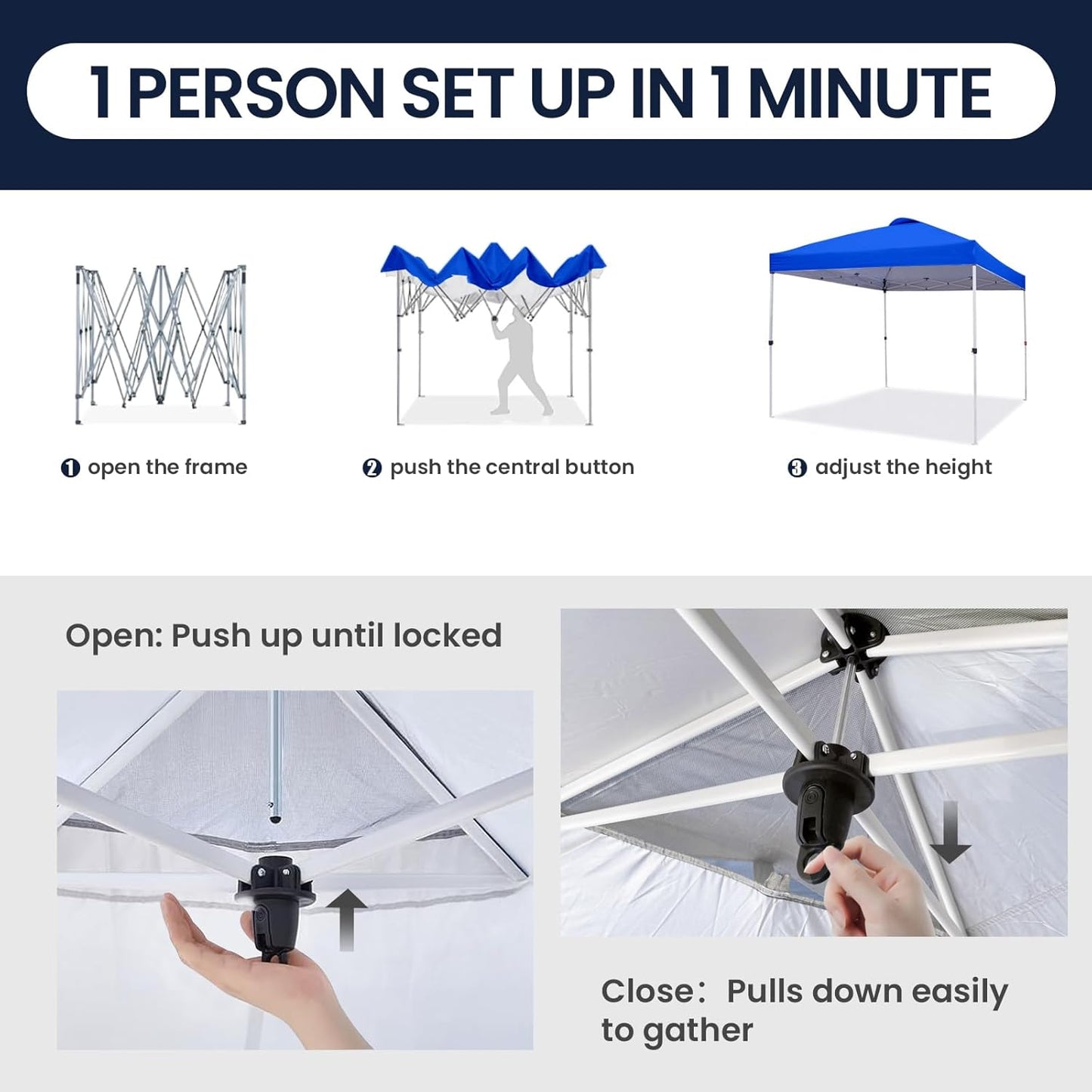 Shades 10x10 Pop Up Canopy with One Push Setup,Heavy Duty Beach Tent with Wheels for Easy Moving, Sun Shelter for Parties,Events, Outdoor Gazebo with 420D Coated Waterproof Blue Fabric