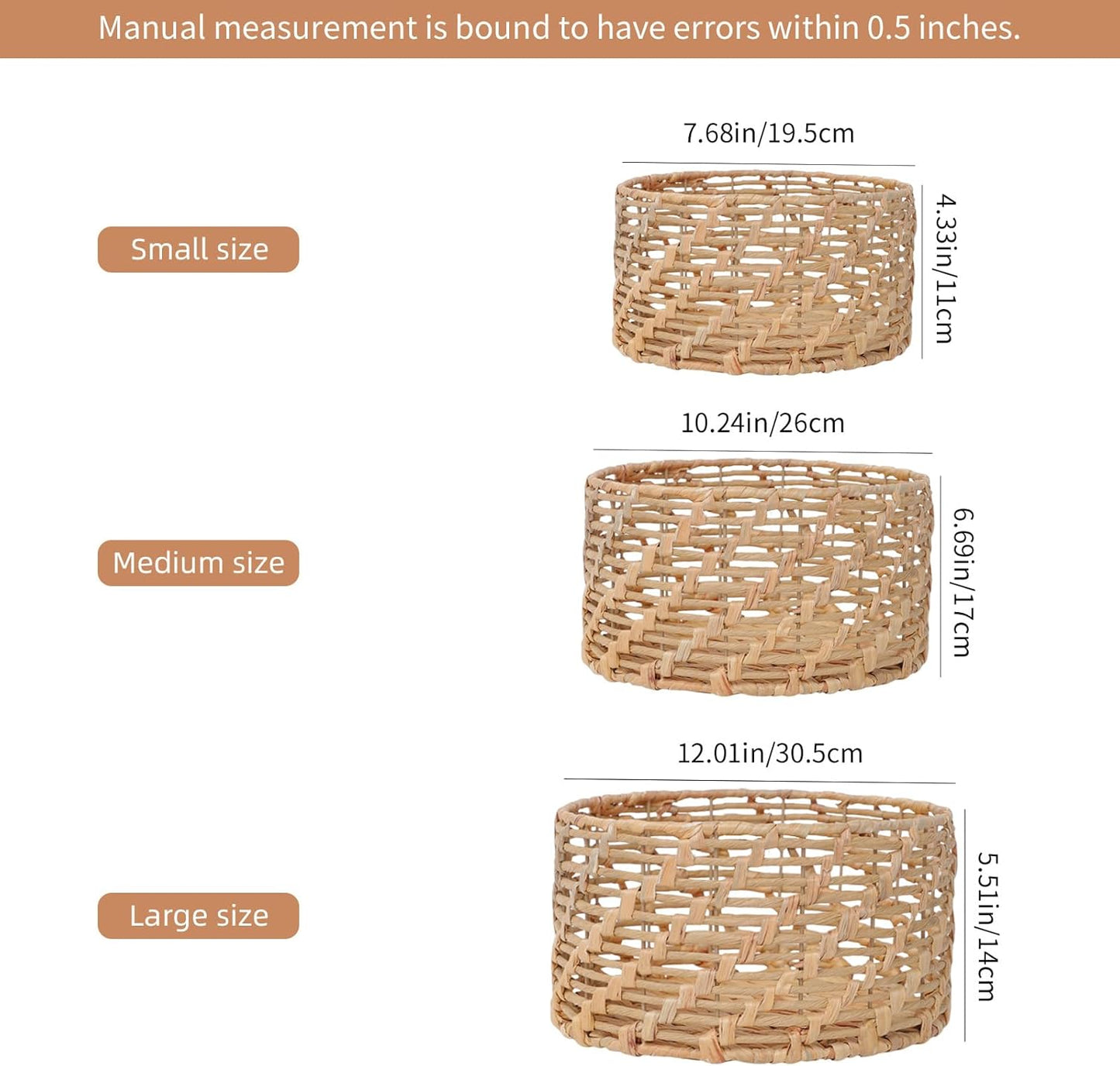 Storage Baskets Natural Weave Handwoven Round Paper Rope Hyacinth basket Stackable writing desk Organizer for Home, Eco-Friendly Woven Decor Set of 3