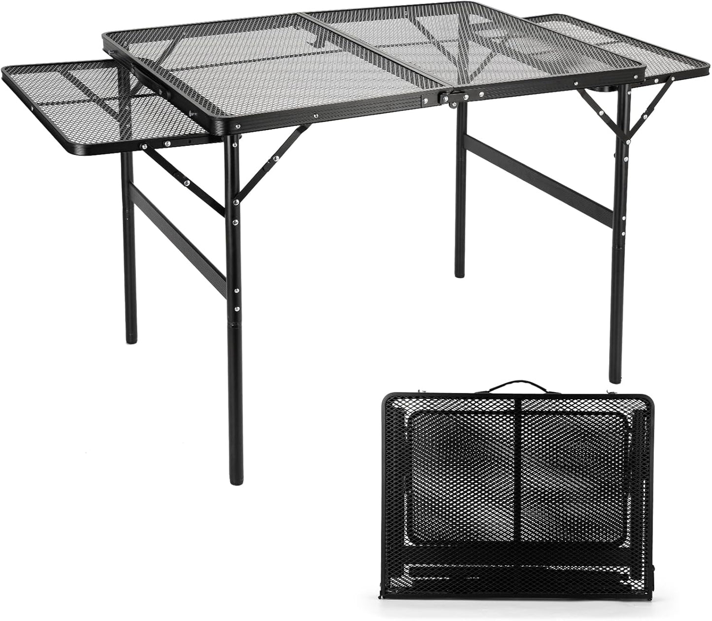 Grill Table 3FT+1.4 FT Folding Table with 2 Wing Panels with Mesh Desktop 2 Height Adjustable Portable Grill for Outdoor Indoor Beach BBQ Picnic Travel RV Black