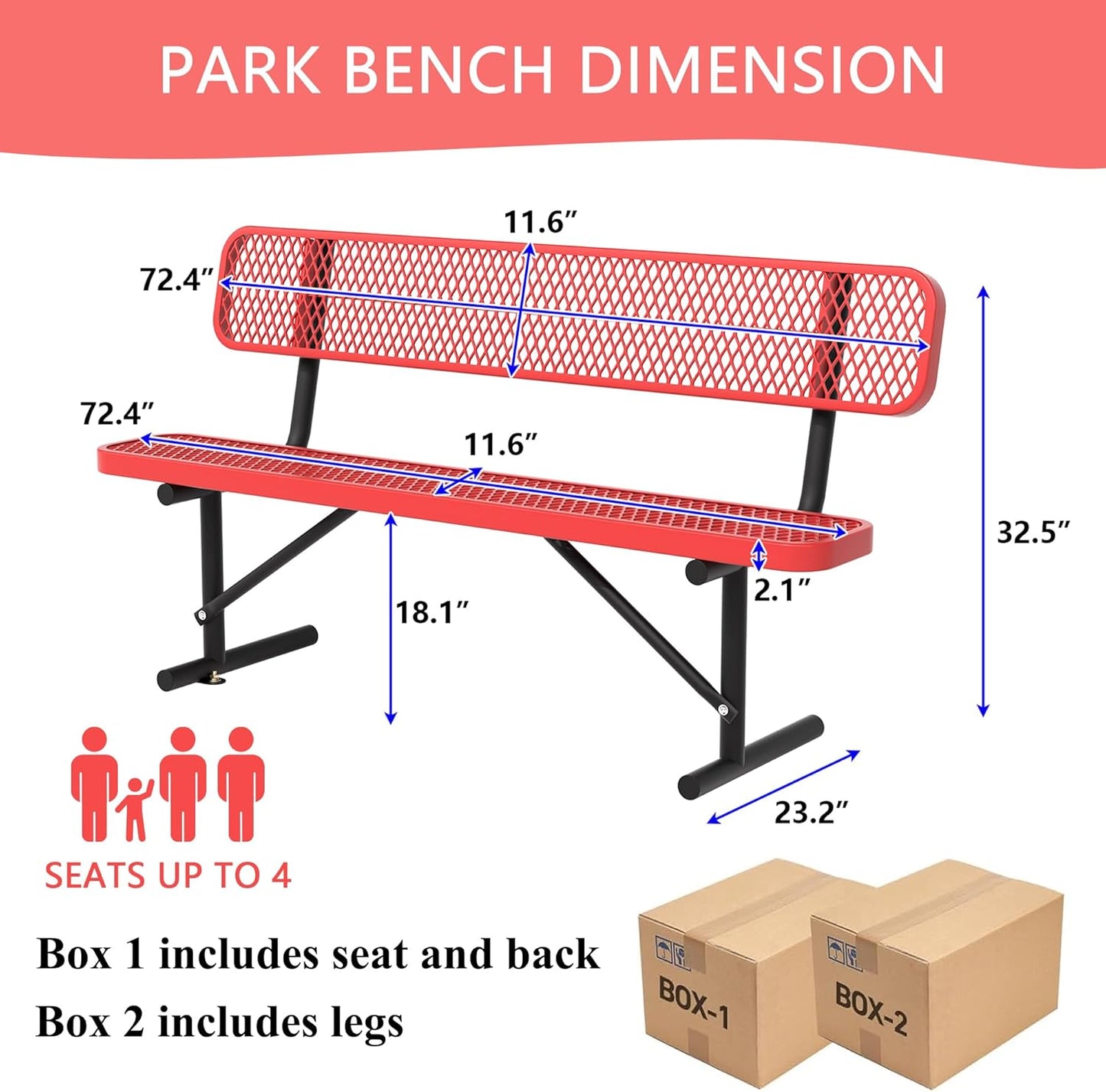 6 Feet Heavy Duty Metal Park Bench for Outside, Outdoor Bench with Backrest & Portable Frame, Commercial Benches for Shopping Malls, Stores, Parks, Patios, Decks, Red
