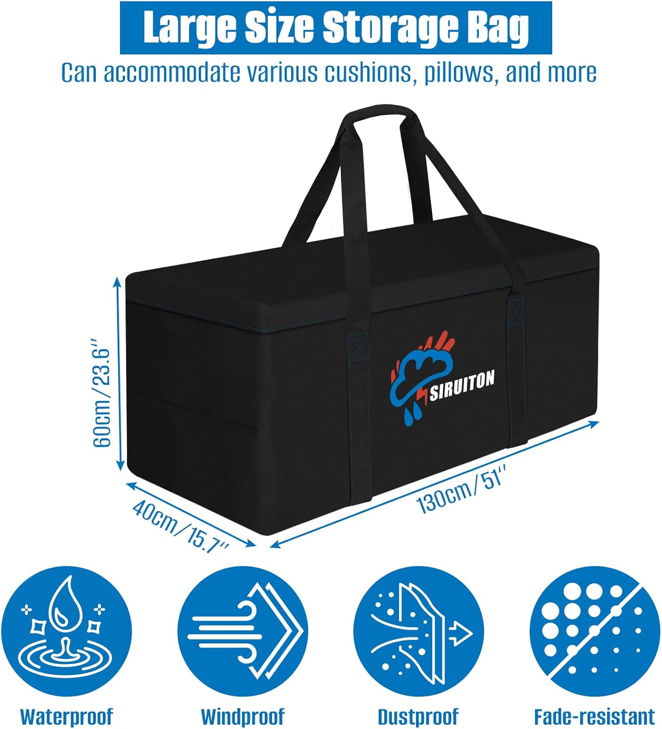 SIRUITON 51.2”L x 15.7”W x 23.6”H Outdoor Cushion Storage Bag,Patio Furniture Cushion Storage Bag,Heavy Duty Rip Proof 600D Oxford,with Handle and Zipper of Waterproof Garden Cushion Storage Covers