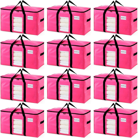TAILI 12 Pack Pink Extra Large Moving Bags, Heavy Duty Totes with Visible Window, Wrap Around Handles, Space-Saving Storage Solution, Alternative to Moving Boxes