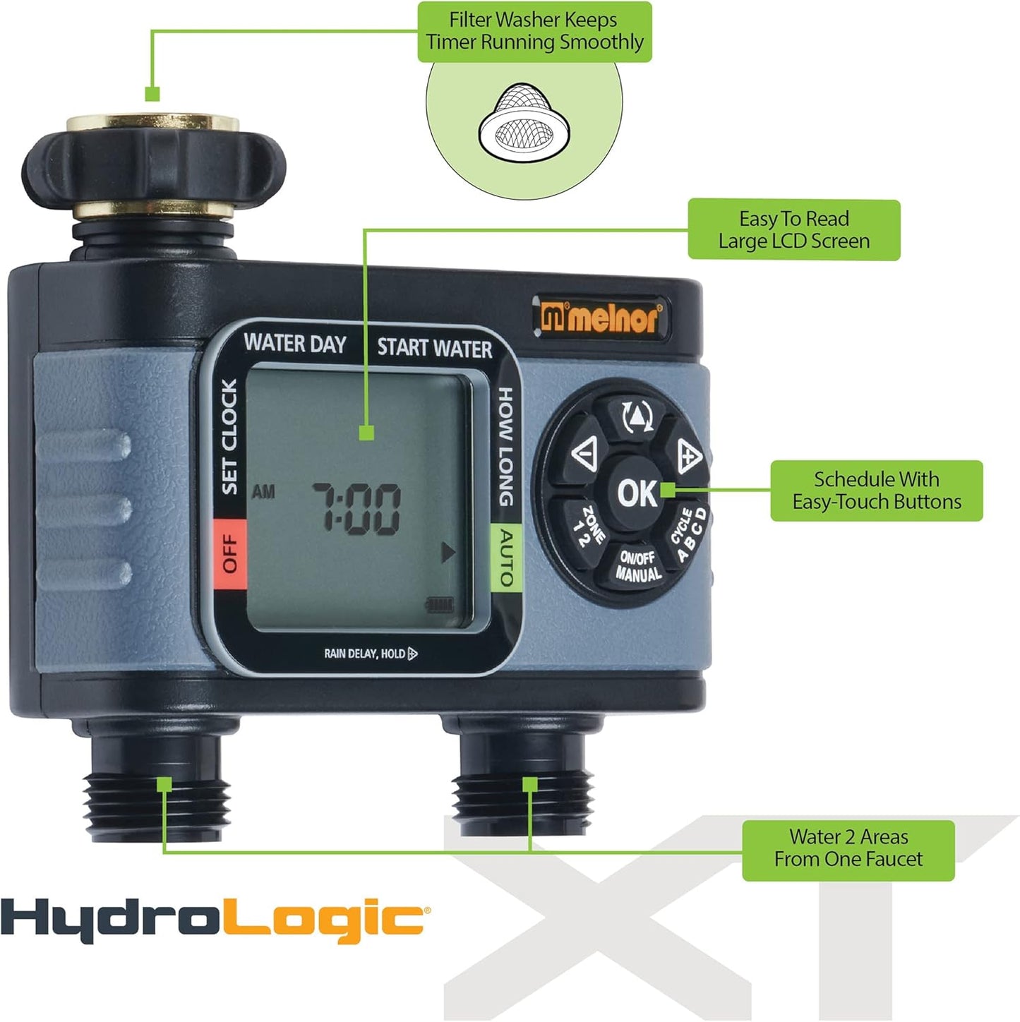 Melnor 65166AMZ HydroLogic Digital Hose Timer, 2-Zone Programmable Watering Timer, Quick Connect Bundle, Black, Grey