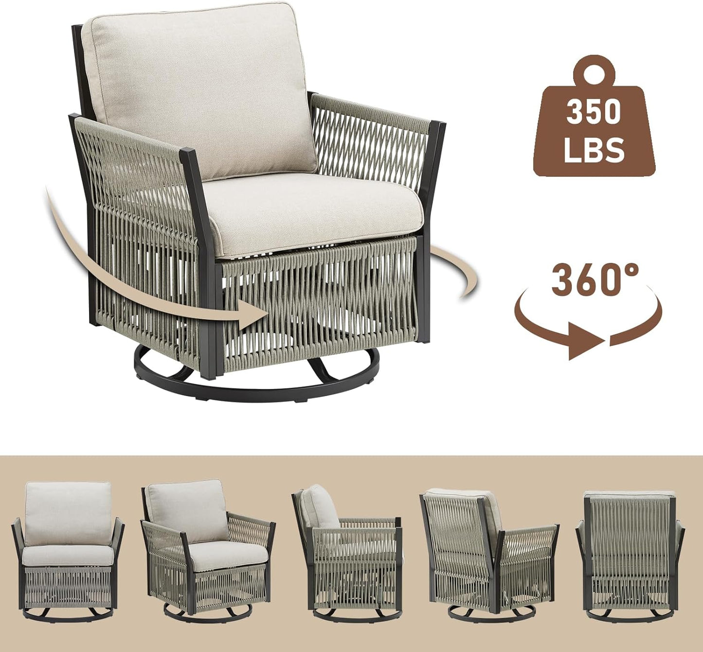 Patio Furniture Wicker Rope Outdoor Conversation Set, 9-Piece All Weather Patio Furniture Rattan Swivel Rocking Chairs w/Ottomans, Side Table for Backyard, Balcony, Deck, Beige