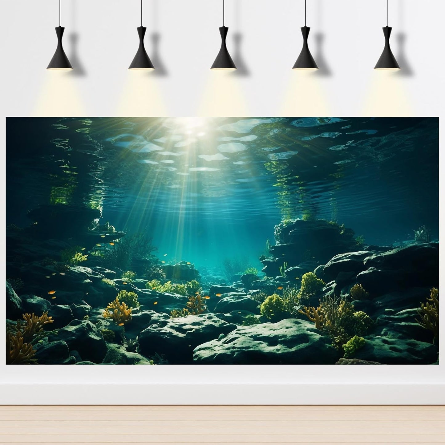 Aquarium Background Underwater Aquatic Plants Rocks Fish Terrarium Backdrop Sunlight Rays Coral Fish Tank Background Cave Style Landscape Sea Grass Tank Wallpaper Poster Vinyl 36x18in