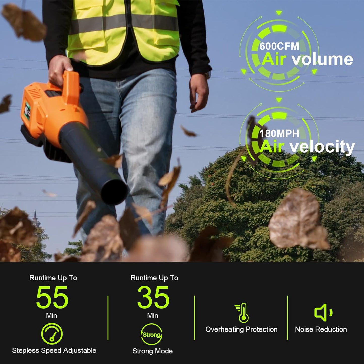 Leaf Blower Cordless with Battery - 40V Powerful Electric Leaf Blower, 600CFM &180MPH and Variable-Speed with 5.0Ah Battery and Charger for Lawn Care, Patio, Dust, Blowing Leaves (Orange)