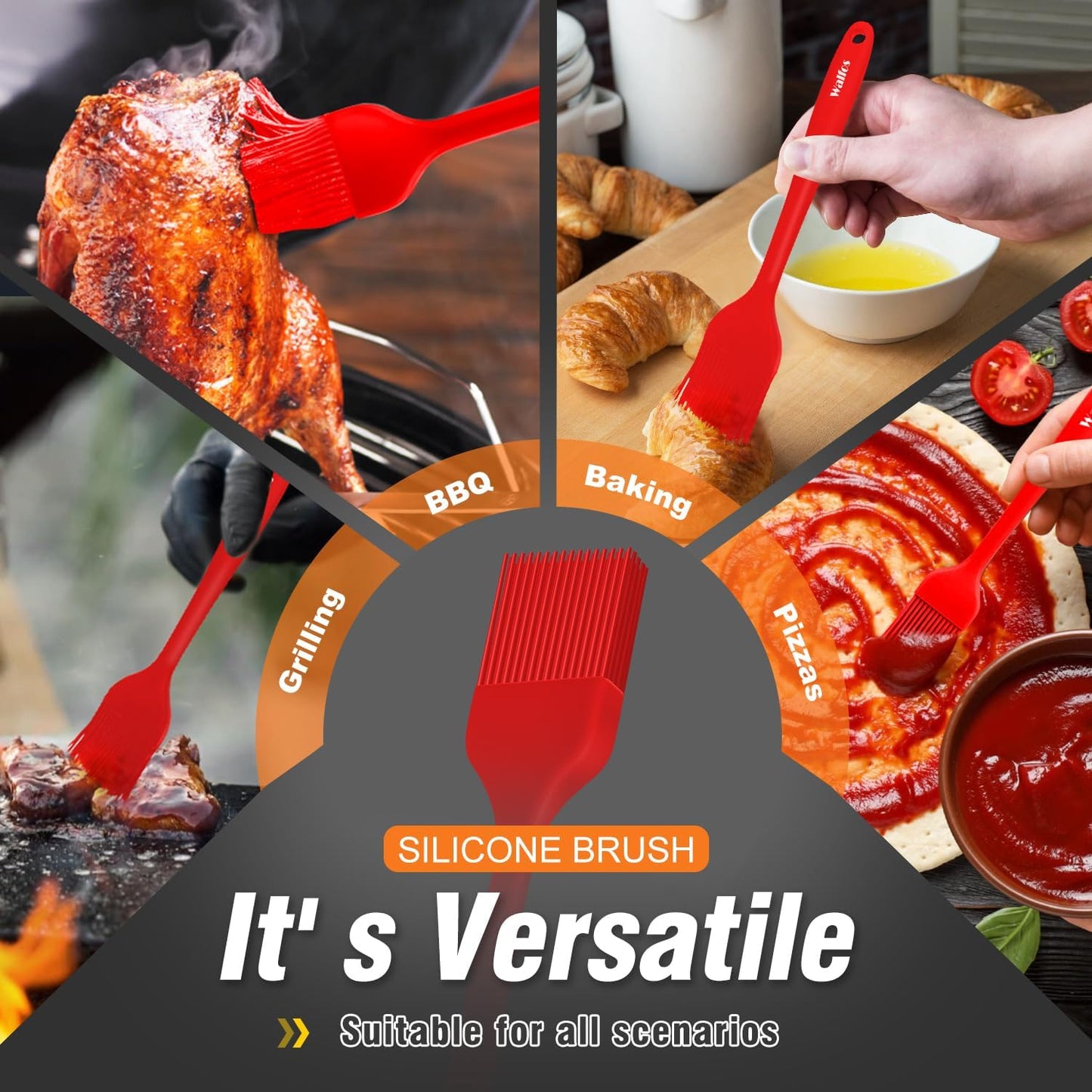 Walfos Silicone BBQ Gloves - Heat Resistant Grilling Gloves Set with Pork Shredder Claws & Brush, Non-Slip Kitchen Silicone Oven Mitt with Protective Cotton Layer, Suit for Indoor & Outdoor, Red