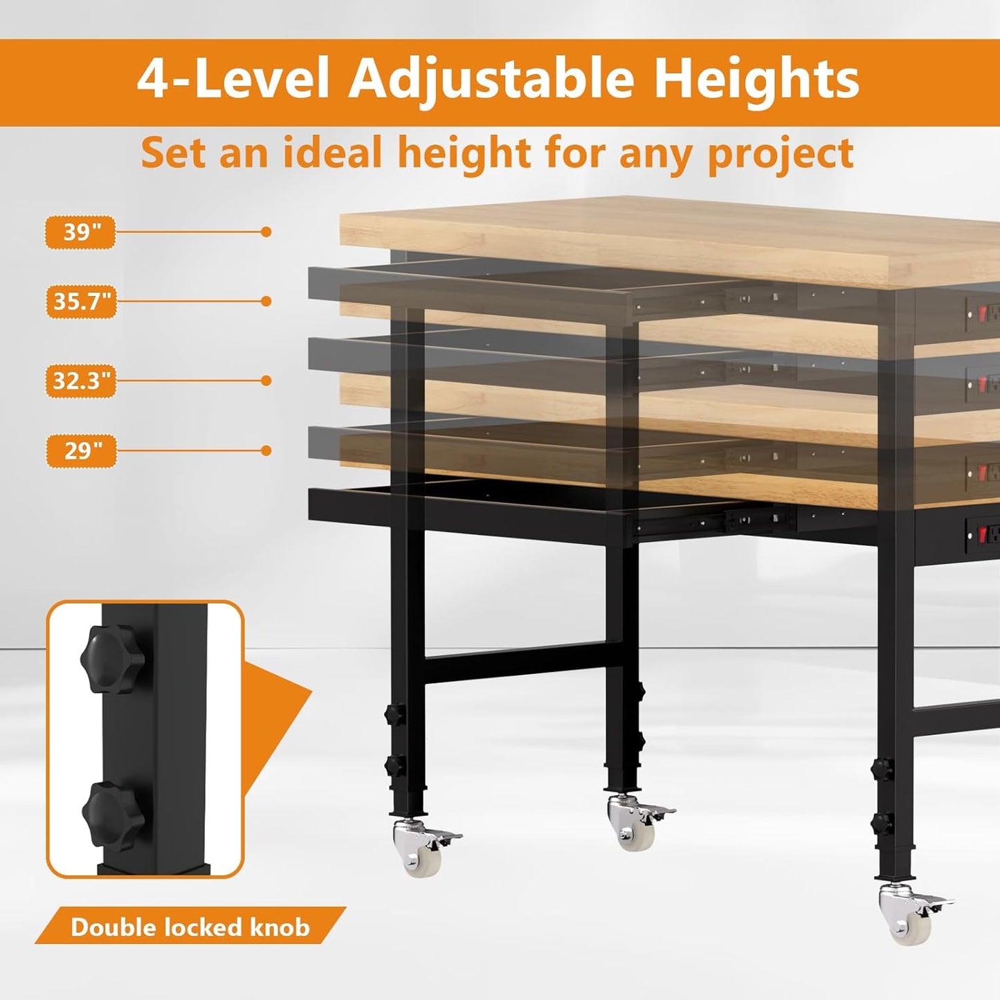 Solid Wood 48" Work Bench with Drawers, Adjustable Height Workbench with Wheels, Heavy-Duty Work Table with Power Outlets, 2000 LBS Capacity Workstation for Garage, Workshop(48" X 24")