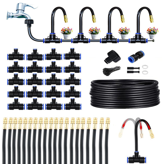 Greenhouse Drip Irrigation Kit Automatic Irrigation System 360°Adjustable 20 Brass Spray Nozzles 12mm Irrigation Tubing Hose Patio Misting Plant Watering with 65Ft Blank Distribution Tubing Hose