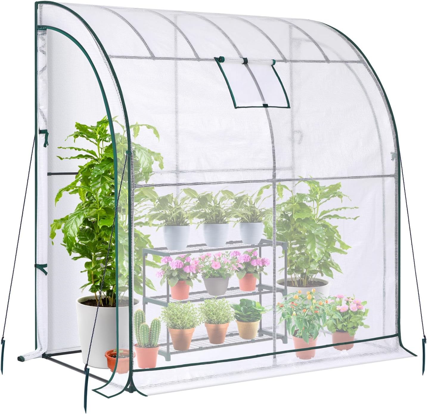 Lean to Greenhouse with 3-Tier Shelves: Ohuhu Portable Walk-in Wall Mounted Green House with Mesh Windows, 79"x39"x83" Reinforced Lean-to Wall Greenhouses with 2 Roll-Up Zipper Doors for Outdoors