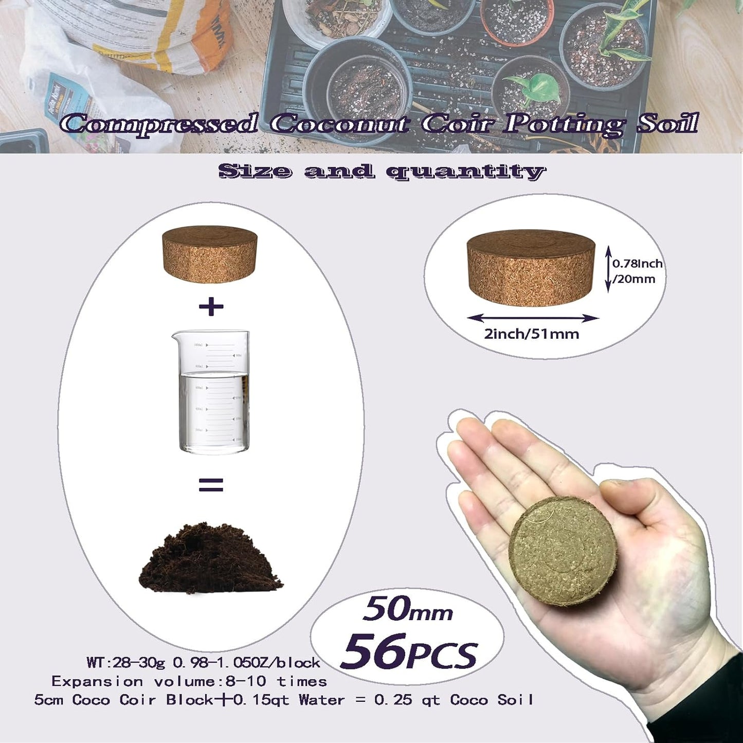 56 Pcs 50mm Compressed Coconut Coir Potting Soil,Coco Coir Pellets for Plants,Coco Fiber Pellets for Planting, Garden, Bonsai, Vegetables & Flower