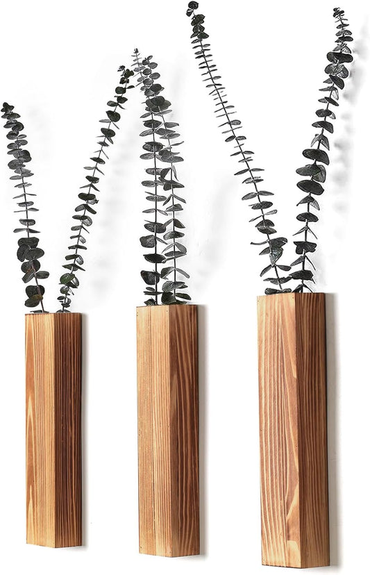 Wooden Wall Planter Set of 3 - Modern Home Decor for Living Room, Bedroom, Bathroom - Brown Finish Planter for Dried Flowers, Faux Greenery, Indoor Plants