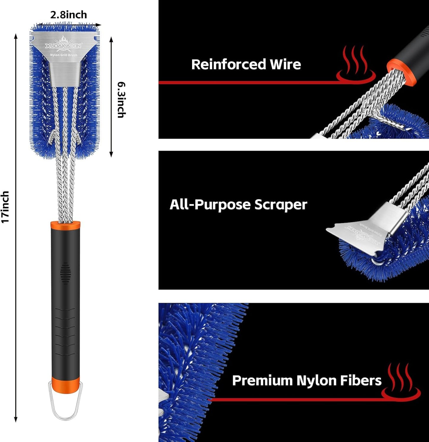 Grill Brush and Scraper, Safe Nylon Bristles Barbecue Triple Scrubbers Cleaning Brush for Cast Iron Grates/Porcelain/Weber Gas/Charcoal Grill,Extra Strong BBQ Cleaner Accessories (Blue)