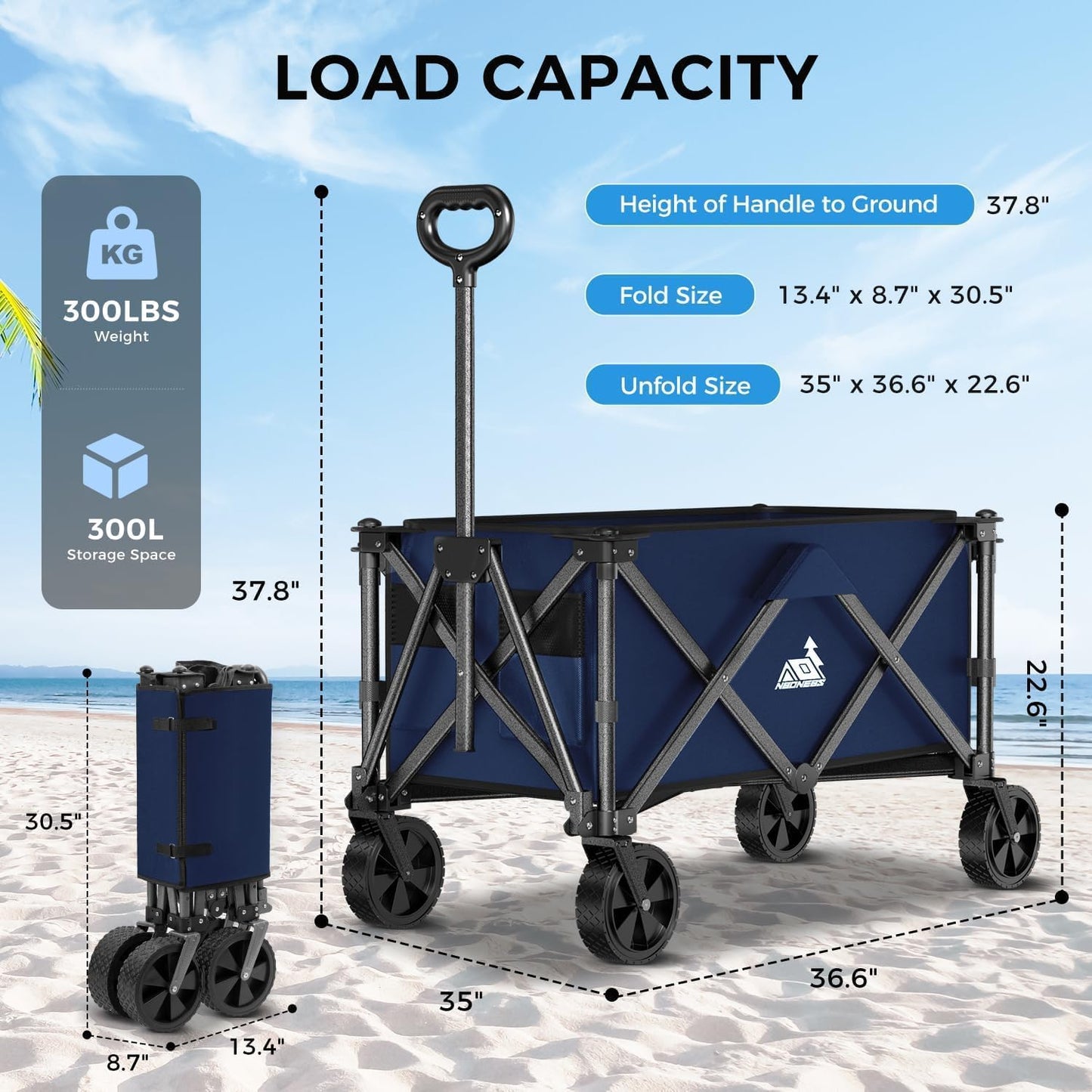 Collapsible Wagon Cart Foldable with 300lbs Load-Bearing, Heavy Duty Folding Wagons Carts with All Terrain Wheels, Utility Beach Wagon for Outdoor Garden, Camping Shopping Sports,U-2 Blue