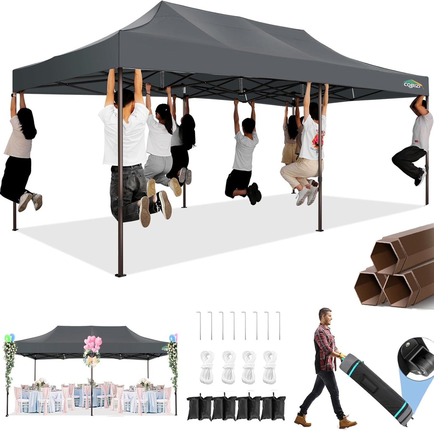 COBIZI 10x20 Pop Up Canopy Heavy Duty Without Sidewalls, Commercial Heavy Duty Pop Up Tent for Parties All Weather Waterproof and UV 50+ Wedding Tent with Roller Bag(Legs Upgraded),Grey
