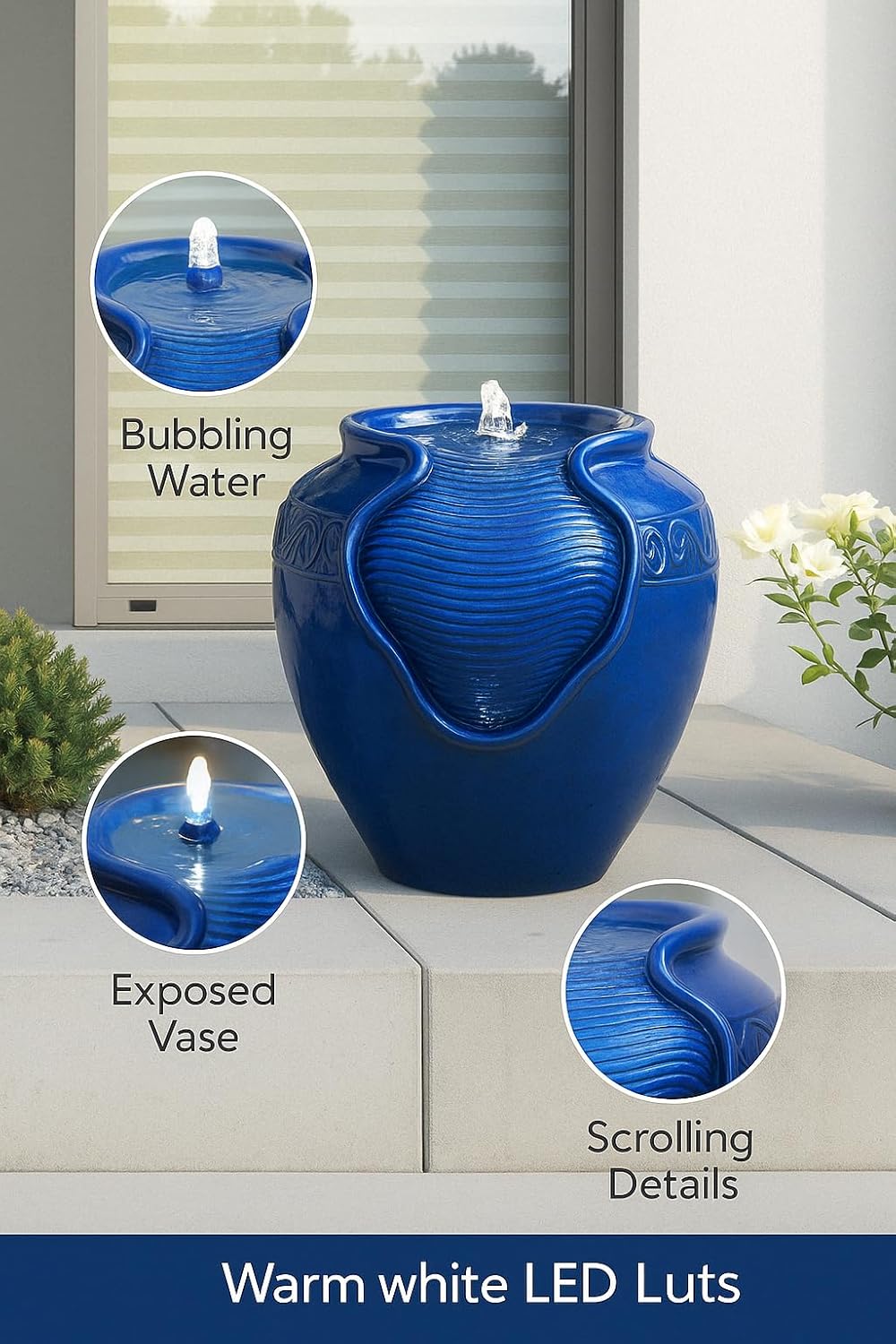 Teamson Home Outdoor Water Fountain, Glazed Pot Ceramic Look with LED Lights & Pump, Royal Blue, 16.93” Patio Garden Water Feature, Cascading Zen Fountain for Backyard, Porch, Deck, Home Decor