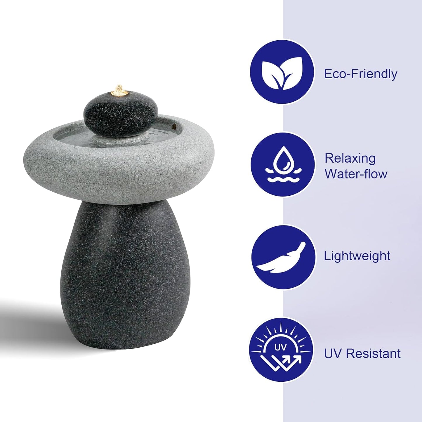 24.02" H Outdoor Water Fountain Made with Eco-Friendly Recyclable Materials, Polyethylene Rock Waterfall Outdoor Fountain, Garden Decor with LED Light & Pump for Patio, Backyard