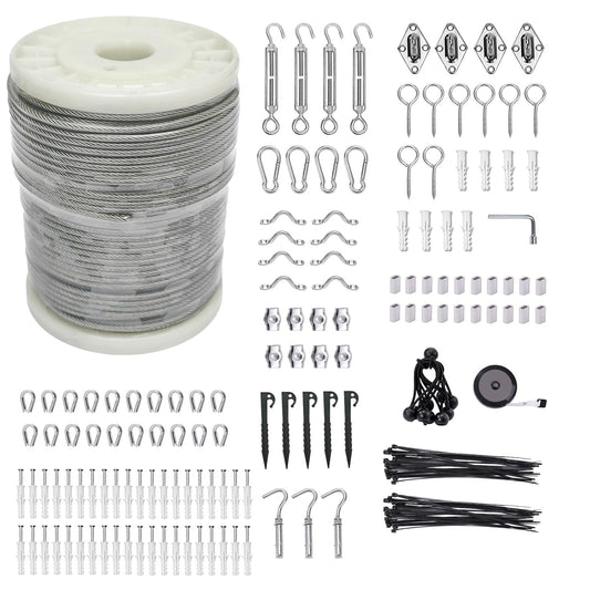 5/32" Wire Cable Rope Kit ，Vinyl Coated 304 Stainless Steel Wire – 200FT 7x7 Strand Cable with Turnbuckles，Shade Sail & Hanging Lights Hardware Kit for Outdoor, Garden,Patio, Crafts,