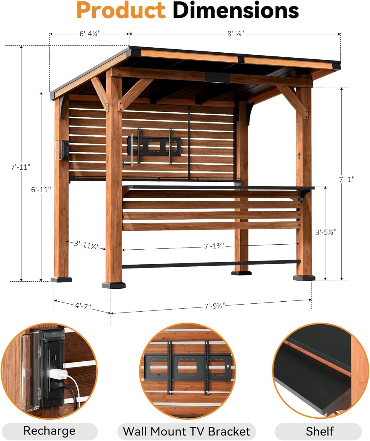 Modern Shade The Aura Cedar Wood Entertainment Bar Center, Wood Gazebo Grill Pavilion with Shelves & Paper Towel Holder, Grill Gazebo with Hardtop Steel Roof,TV Mount, Power Strip for Patio, Garden