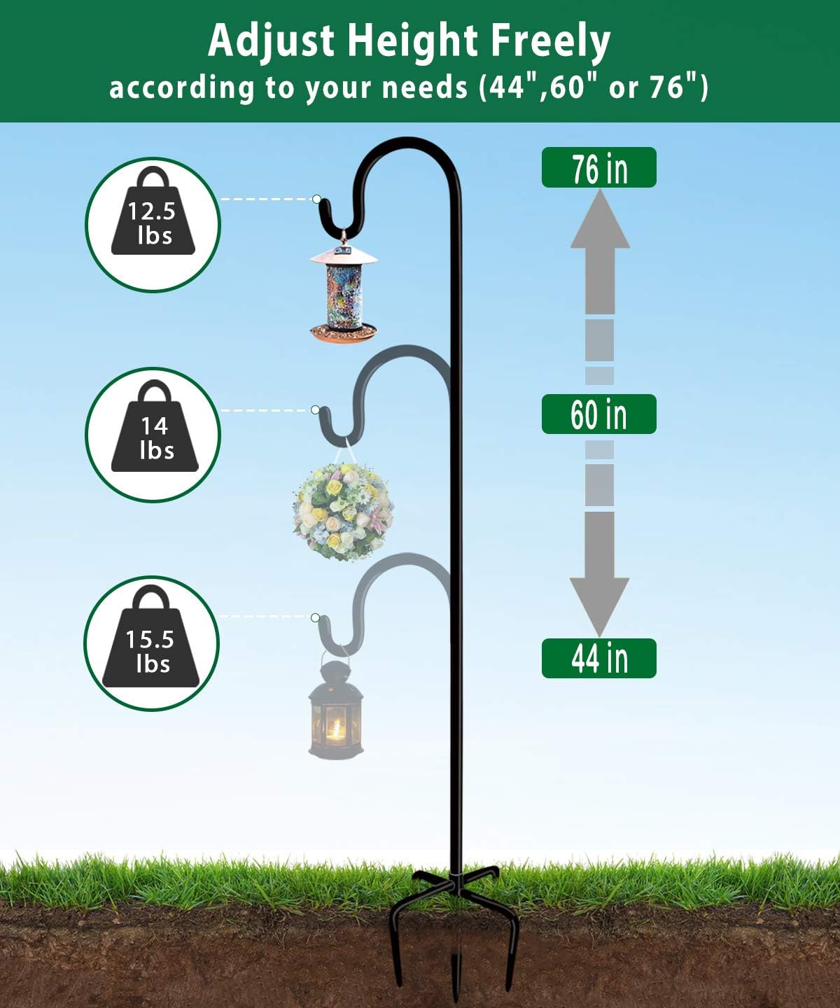 Artibear Adjustable Outdoor Shepherd Hook Stand with 5 Prong Base, 76 Inches Tall 3/5 in Thick, Shiny Black (2 Packs)