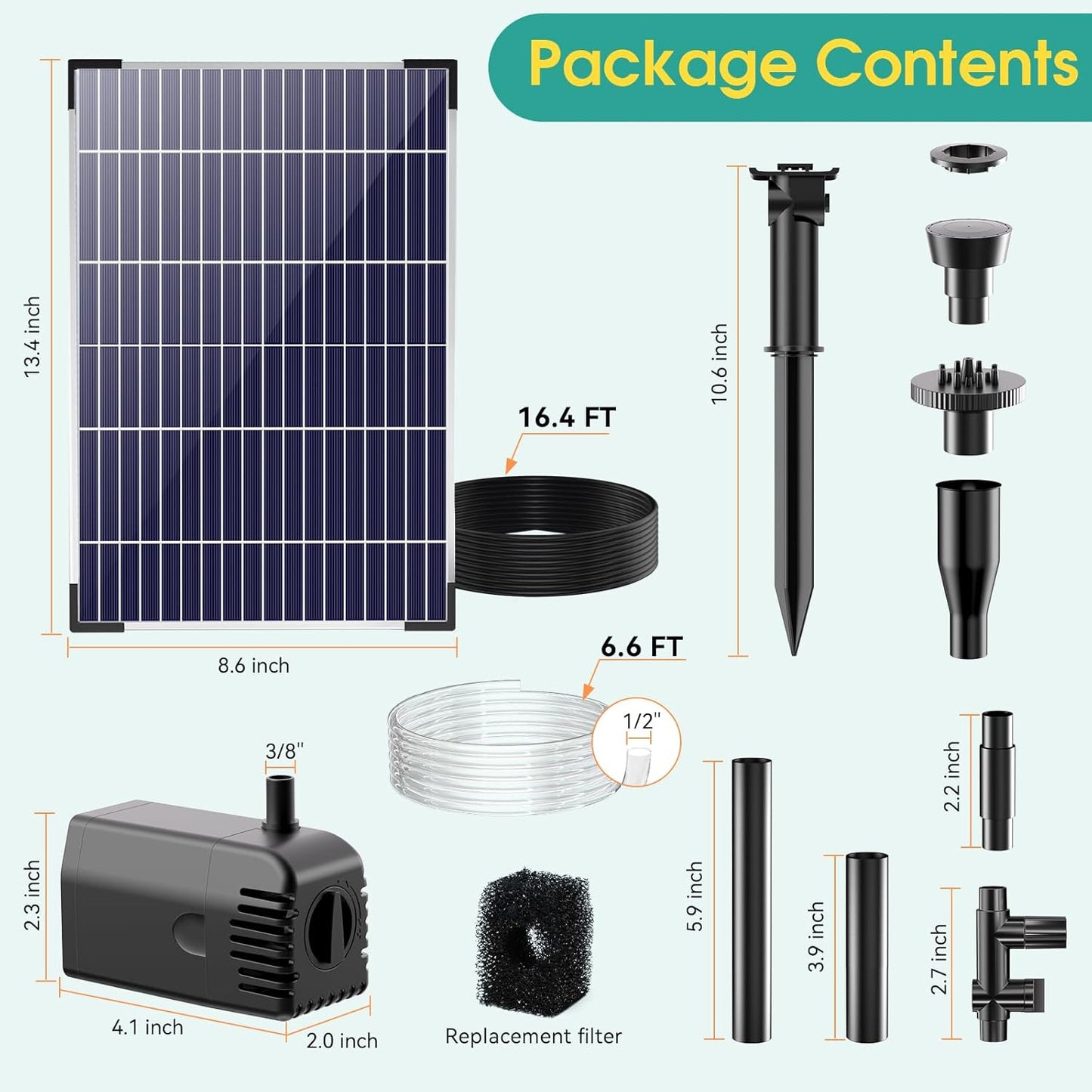 12W Solar Fountain Pump, Solar Powered Water Pump 160GPH Adjustable Flow, Solar Water Fountain Pump with 16.5Ft Cord Length/6.6Ft Tubing for Ponds, Fish Tank, Wildlife Garden, Fountains