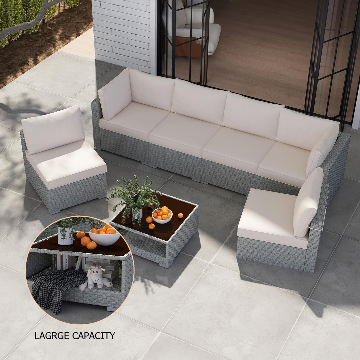 Patio Furniture Set 7-Piece, All-Weather Outdoor Conversation Set Sectional Sofa with Water Resistant Grey Thick Cushions and Coffee Table（Khaki）