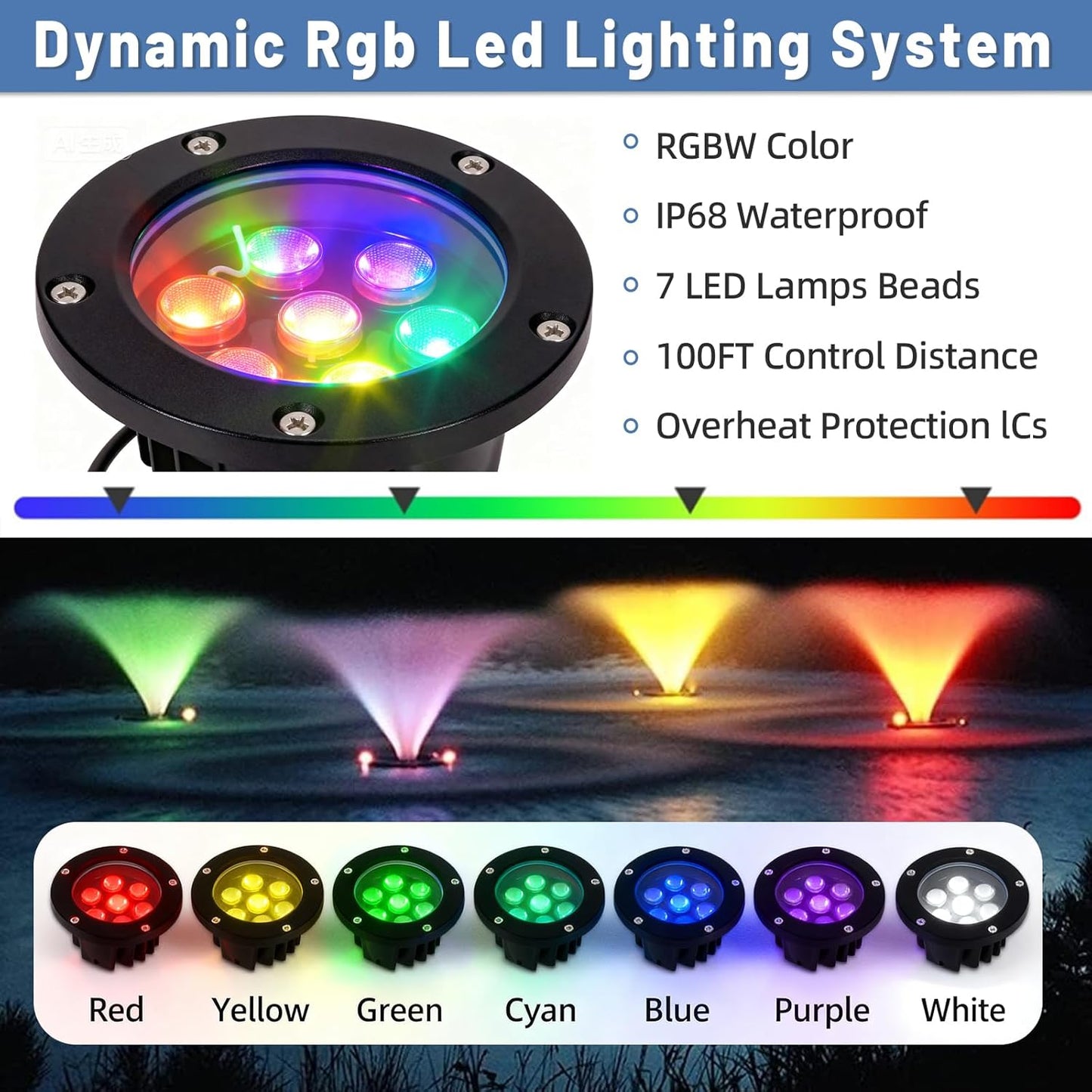 Pond Fountain Aerator with 2-Lights, 1HP 750W Dual Lights RGB LED Remote Control Floating Water Pump - Fit for Large Small Outdoor Ponds Lakes - 100 FT Power Cord 15000 GPH 110V-120V