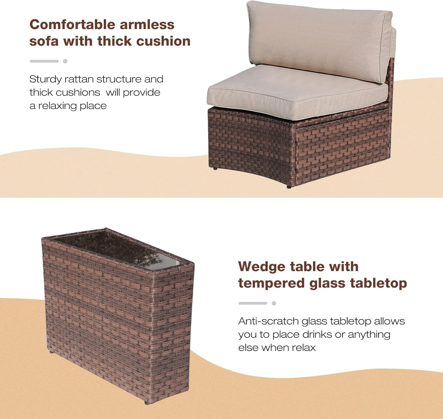 SUNSITT Outdoor Patio Furniture 8-Piece Half-Moon Curved Sofa Set Brown PE Wicker Sectional Conversation Set with Cushions(Beige)