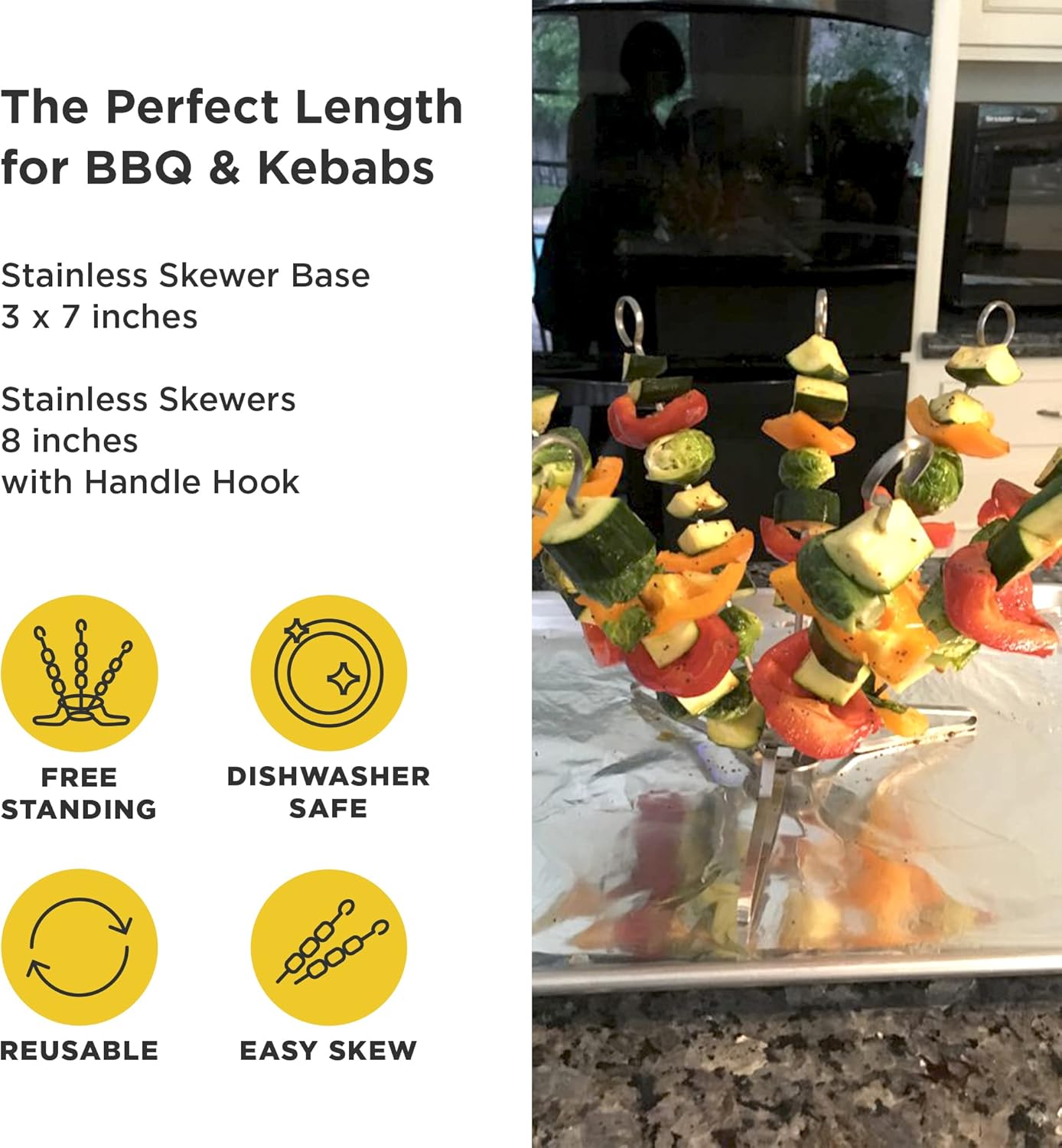 O-Yaki Flat Metal Kabob Skewer for Grilling – Set of 9 BBQ Skewers Stainless Steel with Storage Bag, Dishwasher Safe Skewers with Hook Handle & Sharp Tip for Outdoor BBQ, Cookouts & Oven Use – 8 Inch