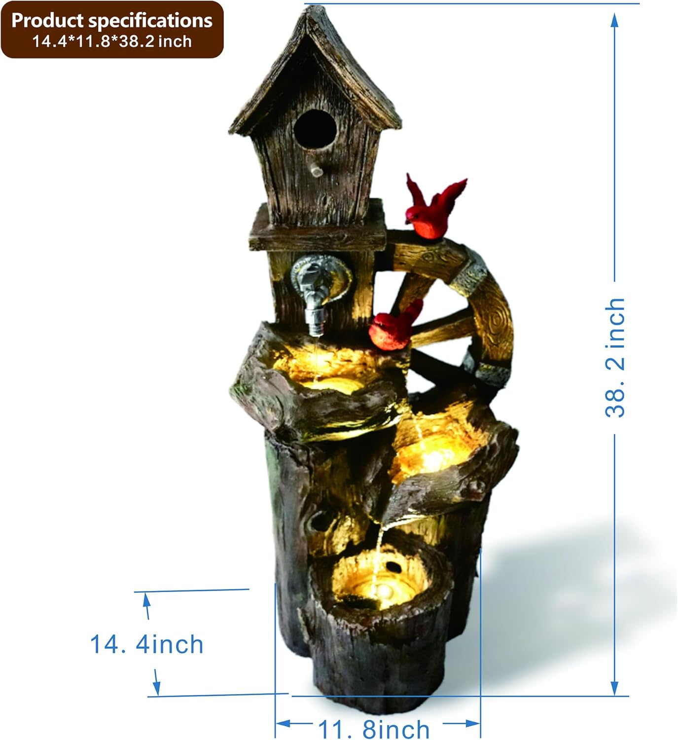 Decorative Garden Birdhouse Three Tier Water Fountain Outdoor with LED Lights and Water Wheel